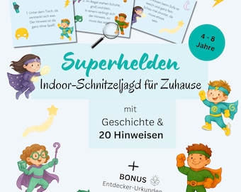 Indoor scavenger hunt for children 4-8 years, superhero treasure hunt indoors, children's birthday party printable PDF, treasure hunt at home