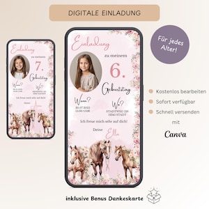 Uitnodiging Kinderverjaardag Paarden & Foto, Gepersonaliseerde Digitale Uitnodigingskaart Verjaardagsmeisje Roze Bloemen WhatsApp, Sjabloon Canva