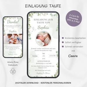 Digitale Einladung Taufe Eukalyptus Taube, personalisierbare Einladungskarte Taufe & Foto, Taufeinladung Baby WhatsApp Blätter Vorlage Canva