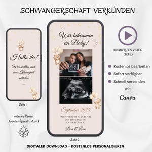 Schwangerschaft verkünden digital WhatsApp, Personalisierbare neutrale Baby Ankündigung Foto, Individuelle animierte E-Card, Vorlage Canva