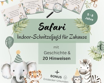 Indoor scavenger hunt for children 5-8 years, safari treasure hunt for children's birthdays, jungle treasure hunt for children in PDF format