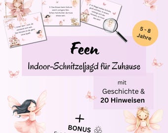 Indoor scavenger hunt for girls 5-8 years, fairy treasure hunt scavenger hunt for children's birthdays to print, treasure hunt clues indoors PDF