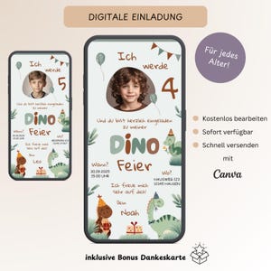 Digitale uitnodiging kinderverjaardag dinosaurus, personaliseerbare uitnodigingskaart dinosaurussen met foto, e-card verjaardag WhatsApp, sjabloon Canva