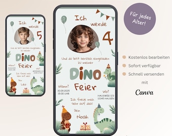 Digital invitation children's birthday dinosaur, personalizable invitation card dinos with photo, e-card birthday WhatsApp, template Canva