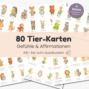 80 Gefühlskarten Kinder Affirmationskarten Tiere PDF-Set, Emotionen & Gefühle lernen, Mutmachkarten Kinder Montessori Lernkarten ausdrucken