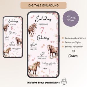 Invitation numérique anniversaire enfant cheval mobile, carte d'invitation personnalisable anniversaire WhatsApp fille fleurs roses, modèle Canva
