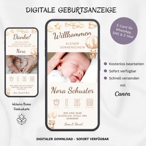 Digitaal geboortekaartje WhatsApp Teddybeer, aanpasbaar geboortekaartje met e-card, geboortekaartje voor mobiele telefoon Hello World Baby, sjabloon Canva