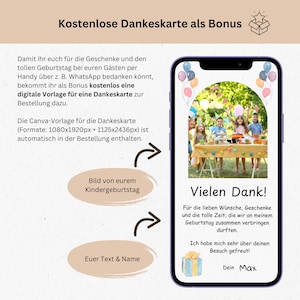 May include: A digital thank you card template displayed on a smartphone. The card features a photo of children at a birthday party, with text that reads "Vielen Dank!" and "Dein Max."