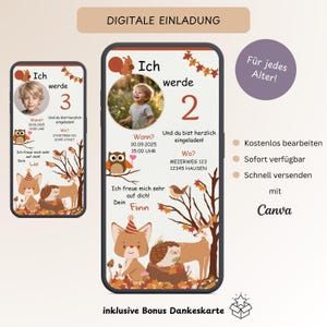 Invitation numérique pour anniversaire d'enfant animaux de la forêt, invitation personnalisable avec photo, eCard anniversaire garçon fille WhatsApp, modèle Canva