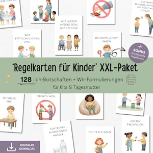Könnte beinhalten: Eine Sammlung von illustrierten Karten für Kinder mit verschiedenen Themen zum sozialen und emotionalen Lernen. Die Karten zeigen Kinder in Interaktion, mit deutschem Text. Das Set enthält Karten zu Themen wie Teilen, Helfen und Gefühle ausdrücken.