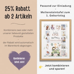 May include: A framed milestone board with a light wood frame. The board features a collage of baby photos, the text "Wild One", and the name "Anton's" with the text "Erstes Jahr". The board also has a green jeep illustration.