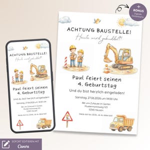 Puede incluir: Una invitación de cumpleaños con temática de construcción. El diseño presenta ilustraciones de trabajadores de la construcción, una excavadora y un camión volquete. El texto dice "Paul celebra su 4º cumpleaños."