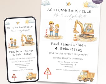 Digger-themed children's birthday party invitation (WhatsApp & printable), digital invitation card for a construction-themed birthday party, e-card template (Canva).