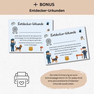 K&ouml;nnte beinhalten: Zwei hellblaue Urkunden mit dem Text "Entdecker-Urkunde" und Illustrationen eines Polizisten, Hundes und Abzeichens. Die Urkunden sind f&uuml;r eine Schnitzeljagd. Das Bild enth&auml;lt auch ein Druckersymbol.