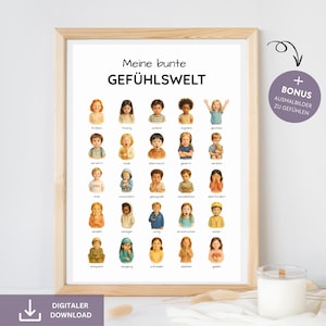 Puede incluir: Un póster enmarcado con el texto alemán "Meine bunte GEFÜHLSWELT" e ilustraciones de niños que representan diversas emociones. El póster incluye el texto "DIGITALER DOWNLOAD" en la parte inferior y una imagen de bonificación de sentimientos.