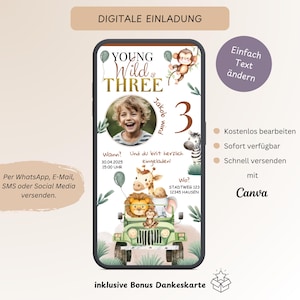 Invitation numérique pour l'anniversaire des enfants Young Wild & Three, carte d'invitation personnalisable 3e anniversaire WhatsApp Safari photo, modèle Canva