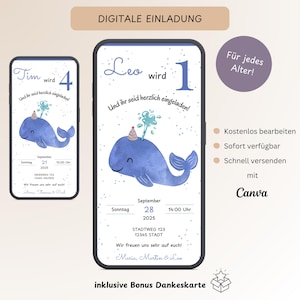 Digitale uitnodiging voor kinderverjaardag walvis 1-10 jaar, aanpasbare uitnodigingskaart 1e verjaardag zee, e-card WhatsApp, sjabloon Canva