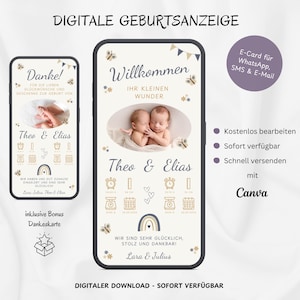 Annonce de naissance jumeaux garçons WhatsApp, annonce de carte électronique numérique personnalisable jumeaux de naissance, carte de naissance mobile bleue, modèle Canva