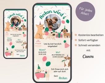 Invitation anniversaire enfant fête de chien, carte d'invitation numérique personnalisable avec photo, e-carte anniversaire WhatsApp modèle enfant Canva