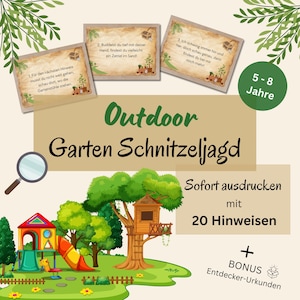 Outdoor Schnitzeljagd Kinder 5-8 Jahre, Schatzsuche Garten Schnitzeljagd Kindergeburtstag zum Ausdrucken Schatzsuche draußen in Reimform PDF