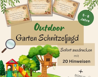 Outdoor scavenger hunt for children 5-8 years, garden scavenger hunt for children&#39;s birthdays to print out, outdoor treasure hunt in rhyme form PDF