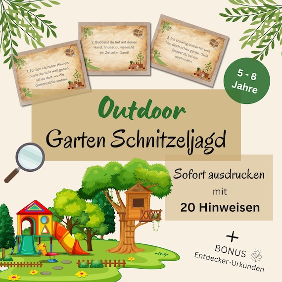 Outdoor Schnitzeljagd Kinder 5-8 Jahre, Schatzsuche Garten Schnitzeljagd Kindergeburtstag zum Ausdrucken Schatzsuche draußen in Reimform PDF
