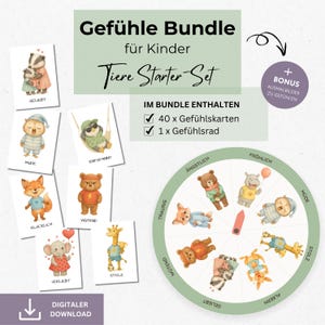 Puede incluir: Un conjunto de materiales educativos para niños, con ilustraciones de animales que representan diversas emociones. El conjunto incluye tarjetas y una rueda de sentimientos, con texto en alemán. Las palabras "Descarga digital" también son visibles.