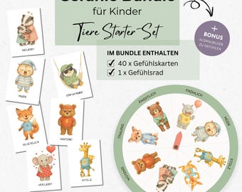 May include: A bundle of educational materials for children, featuring animal illustrations representing various emotions. The set includes cards and a feelings wheel, with text in German. The words "Digital Download" are also visible.