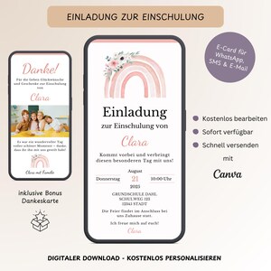 Convite digital para o primeiro dia de aula das meninas, e-card personalizado para WhatsApp, convite para o primeiro dia de aula arco-íris rosa modelo Canva