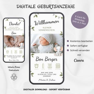 Faire-part de naissance numérique WhatsApp éléphant, faire-part de naissance personnalisable par e-carte, carte de naissance sur téléphone portable Hello World Green, modèle Canva Baby