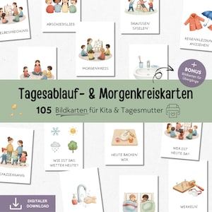 Könnte beinhalten: Eine Sammlung von illustrierten Karten für Kinder, mit Aquarell-ähnlichen Bildern von täglichen Aktivitäten. Die Karten enthalten deutschen Text, wie "Morgenkreis" und "Wie ist das Wetter heute?" Das Set enthält 105 Karten für den Einsatz in Kita oder Tagesmutter.