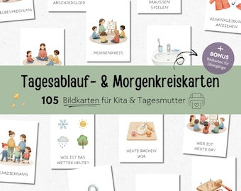 Tagesablauf Bildkarten Kita Kindergarten Tagesmutter Kindertagespflege, Morgenkreis Routinekarten Lernkarten Kinder zum Ausdrucken PDF A6