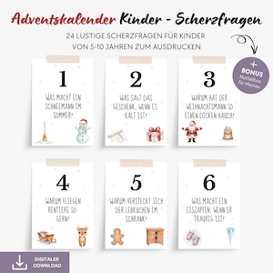 Może przedstawiać: Sześć drukowanych kart kalendarza adwentowego z niemieckim tekstem i akwarelowymi ilustracjami. Każda karta zawiera numer, pytanie i obrazek bałwana, prezentu, Świętego Mikołaja, renifera, piernikowego ludzika i sopla lodu. Zawiera "skrzynkę ratunkową dla mam".