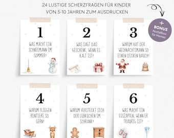 Calendario de Adviento divertido para niños de 5 a 10 años para imprimir, preguntas de chiste sostenibles, calendario de Adviento en PDF para descargar para niños y niñas