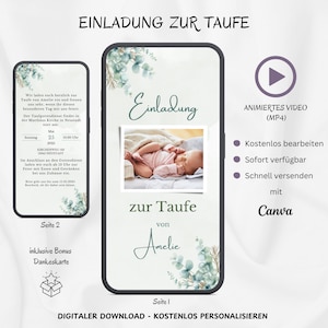 Uitnodiging Doop Eucalyptus geanimeerd, Digitale Uitnodigingskaart Doopfoto, Gepersonaliseerde Doopuitnodiging WhatsApp Video MP4, Sjabloon Canva