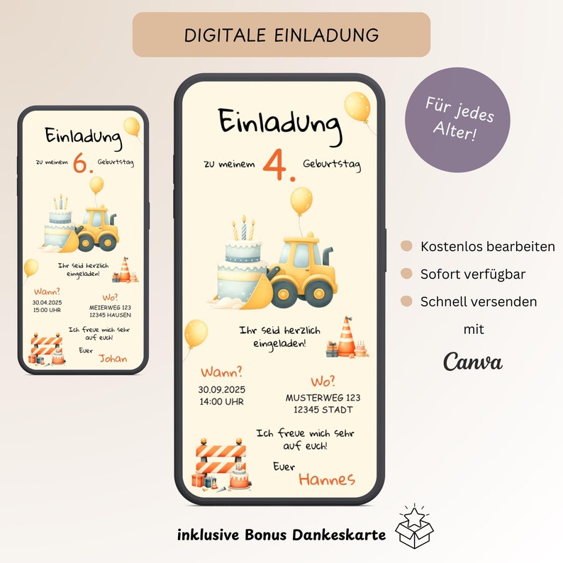 May include: A digital invitation for a child's birthday party. The invitation features a yellow construction vehicle with a cake and balloons. The text on the invitation says "Einladung zu meinem 4. Geburtstag".