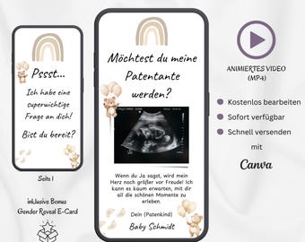 Madrina chiede e-card, Vuoi essere la mia madrina, Scheda digitale personalizzabile che annuncia la gravidanza del bambino, modello Canva