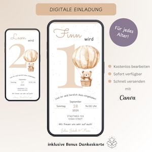 Invitation numérique anniversaire enfant ours en peluche, carte d'invitation personnalisable 1er anniversaire, e-card fille garçon WhatsApp, template Canva