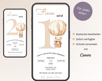 Digital Invitation Children's Birthday Teddy Bear, Personalizable Invitation Card 1st Birthday, E-Card Girl Boy WhatsApp, Template Canva
