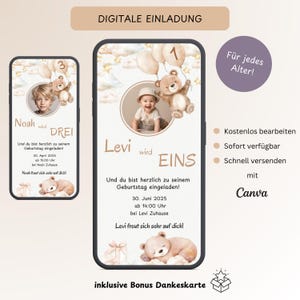 Invitation numérique pour anniversaire d'enfant ours en peluche, carte d'invitation personnalisable pour enfants avec photo, e-carte anniversaire WhatsApp, modèle Canva