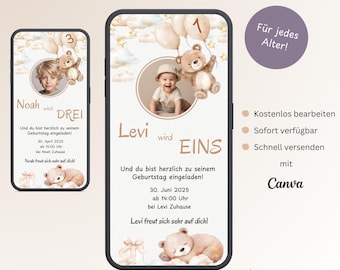 Digital invitation for a children's birthday party with a teddy bear design, personalized children's invitation card with photo, birthday e-card for WhatsApp, Canva template