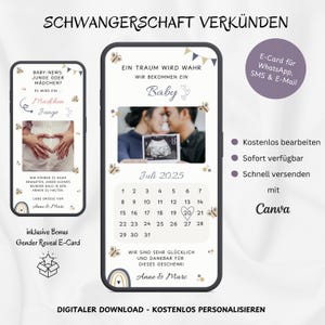 Announce pregnancy digitally WhatsApp, Baby Announcement Reveal individually with photo, Neutral customizable e-card, Template Canva