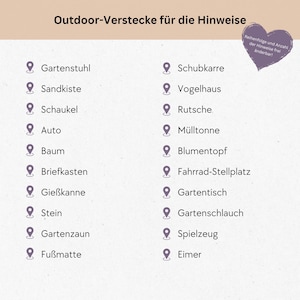May include: A list of outdoor items with a pin icon next to each item. The items are: garden chair, sandbox, swing set, car, tree, mailbox, watering can, stone, fence, doormat, wheelbarrow, birdhouse, slide, trash can, flower pot, bicycle parking, garden table, garden hose, toys, and bucket.