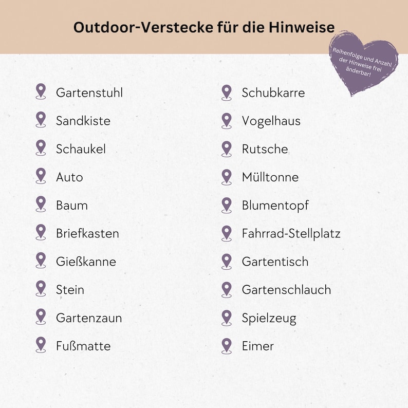May include: A list of outdoor items with a pin icon next to each item. The items are: garden chair, sandbox, swing set, car, tree, mailbox, watering can, stone, fence, doormat, wheelbarrow, birdhouse, slide, trash can, flower pot, bicycle parking, garden table, garden hose, toys, and bucket.