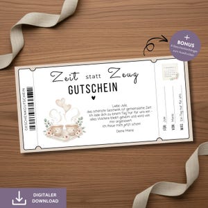 May include: A digital download gift certificate with the words "Zeit statt Zeug GUTSCHEIN" in black script. The certificate features two teacups, floral accents, and the text "Liebe Jule". Includes a bonus of 6 gift tags.