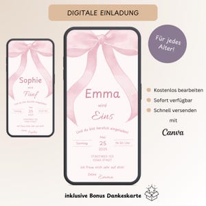 Invitation numérique anniversaire enfant fille noeud rose, carte d'invitation personnalisable 1er anniversaire style coquette, modèle Canva