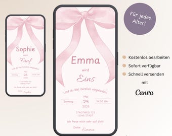 Invitación Digital Cumpleaños Infantil Niña Lazo Rosa, Tarjeta de Invitación Personalizable 1er Cumpleaños Estilo Coqueta, Plantilla Canva
