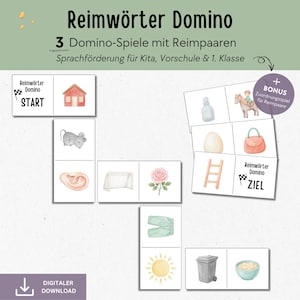 Rhyming Words Domino Game for Children (PDF), Learning Game for Children's Language Development, Kindergarten, Preschool, 1st Grade, Language Game for Learning Rhyming Pairs