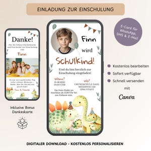 Convite digital para matrícula escolar de meninos com foto, e-card personalizado para volta às aulas WhatsApp Dino, convite para o primeiro dia de aula, template Canva