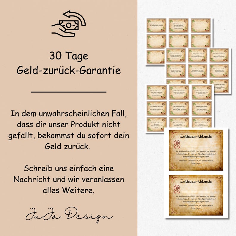 May include: A 30-day money-back guarantee graphic with a hand holding a dollar bill and an arrow circling it. The text reads "30 Tage Geld-zur&uuml;ck-Garantie" and includes a description of the guarantee in German.